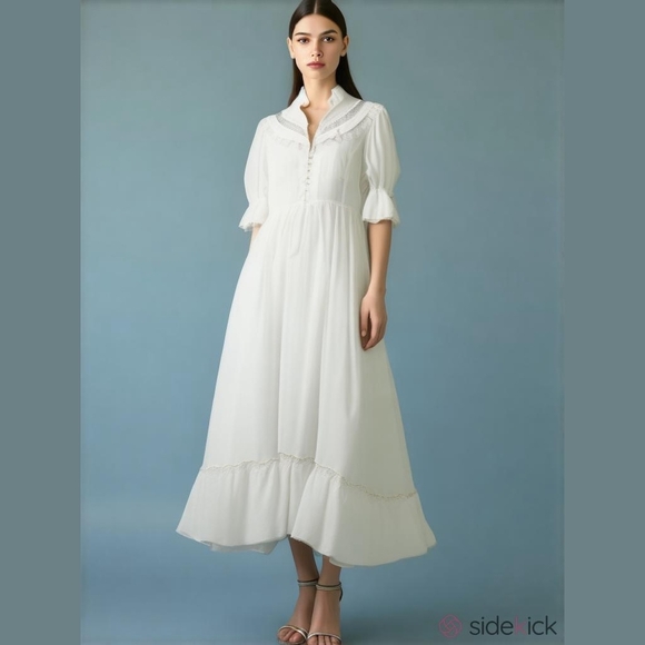 Vintage Dresses & Skirts - 🤍 Vintage S Dress Fairy Prairie Cottage Wedding Cream Lace Puff Sleeves